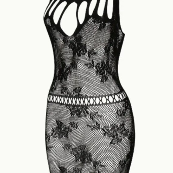 Black Floral Pattern Bodycon Fishnet Cover-Up Dress - Picture 4 of 6